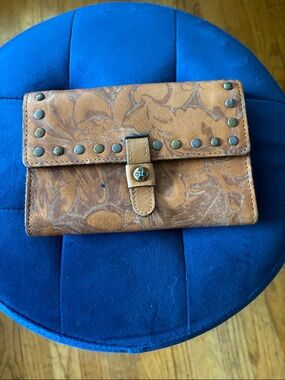 Patricia Nash Tan Floral Tooled Leather Studded Wallet